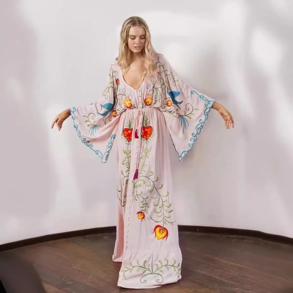 Dresses & Skirts - Boho Embroidered Pink Maxi Dress with Bell Sleeves